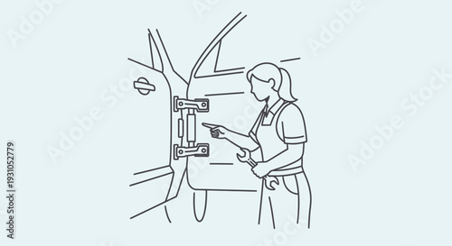 Female mechanic repairs car door hinge with wrench, auto service concept