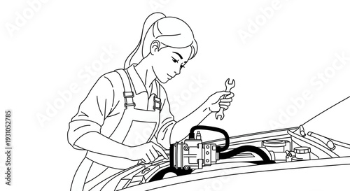 Female Mechanic Working on Car Engine, Wrench in Hand, Detailed Illustration