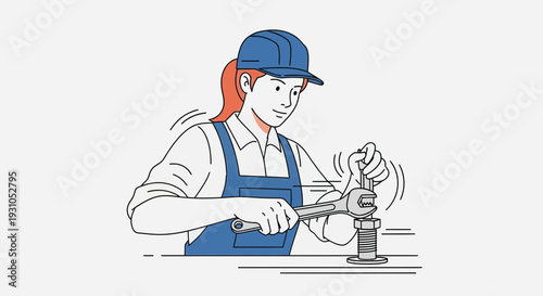 Female plumber working with wrench on pipe, construction worker in overalls and cap