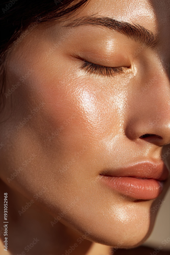 Fototapeta premium Close-Up Portrait of a Young Woman with Radiant, Glowing Skin, Emphasizing Natural Beauty and Skincare