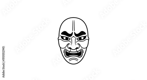 Kabuki Mask Black and White Illustration - Japanese Traditional Theater Face