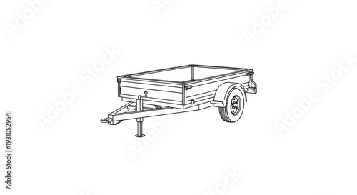 Line Drawing of an Empty Utility Trailer with Single Axle and Jockey Wheel