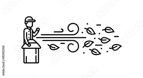 Man with leaf blower clearing autumn leaves, wind and debris blowing