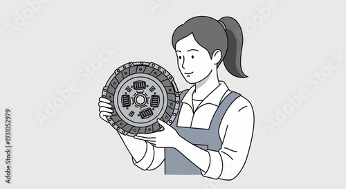 Mechanic Woman Holding Car Clutch Disc, Auto Repair Service Concept