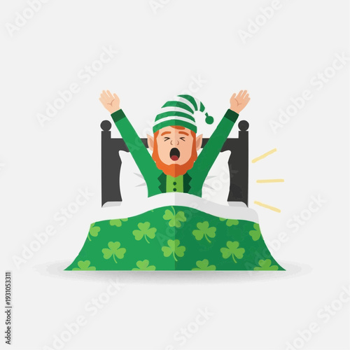 Leprechaun waking up and stretching in bed with shamrock patterned duvet