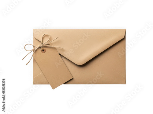Kraft paper envelope with tied tag isolated on a transparent background string