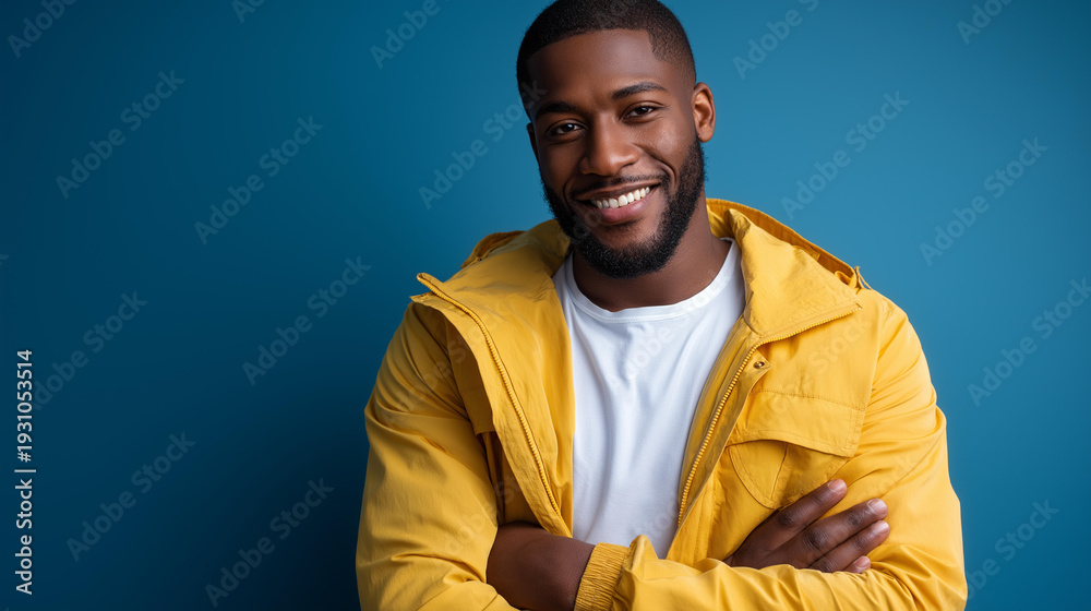 Obraz premium Smiling African American man in a bright yellow jacket and white t-shirt posing confidently against a solid blue background, joyful portrait concept, vibrant color photography,