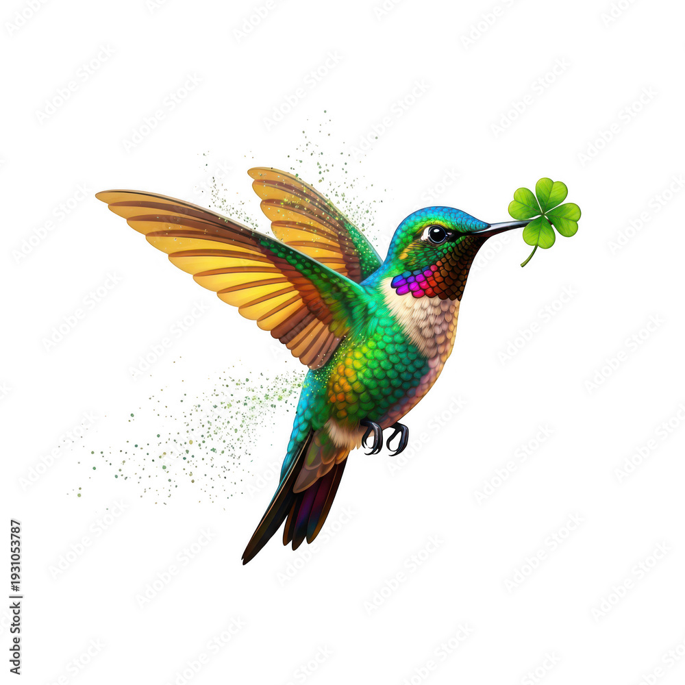 Fototapeta premium A colorful hummingbird in flight with a green flower isolated on transparent background