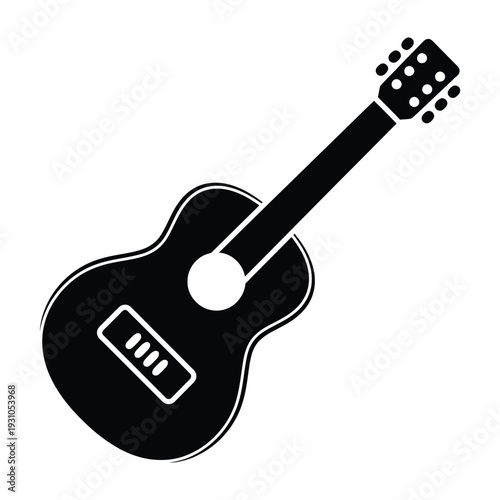 Minimalist Black Acoustic Guitar Icon: Classic Musical Instrument Symbol for Music Shops, Lessons, and Entertainment Events.