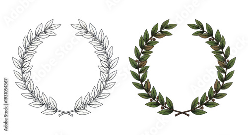 Laurel Wreath Comparison: Outline vs. Realistic Green Leaves