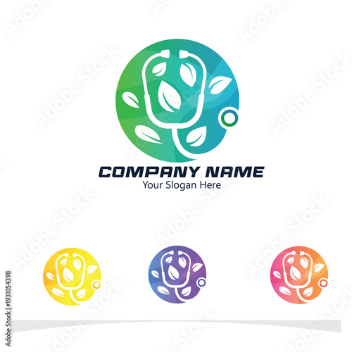 Natural Health and Wellness Logo Stethoscope with Organic Leaves in a Vibrant Yellow Circle for Holistic Medical Care