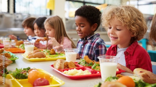 Wallpaper Mural Diverse Group of Elementary Students Enjoying Lunch Together in School Cafeteria, Eating Nutritious Meals Torontodigital.ca