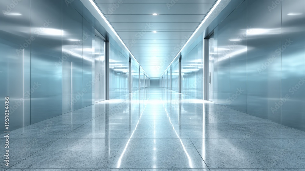 Obraz premium Futuristic Hallway with Metallic Walls and Bright Light, Modern Architectural Interior, Empty Space for Product Placement