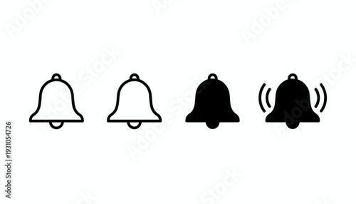 Set of four bell icons in different styles and states.