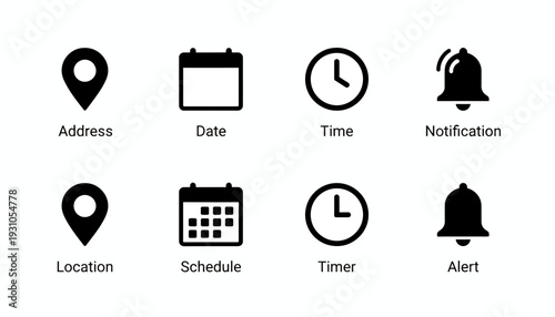 Set of simple black icons for address location date time notification.