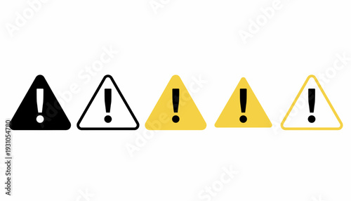 Set of warning signs with exclamation marks in different colors and styles.
