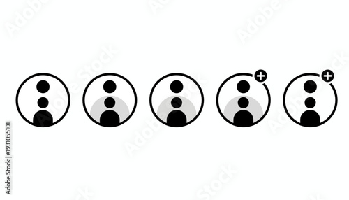 Simple black and white illustration of five people icons in a row.