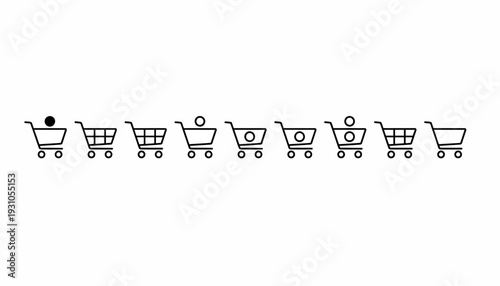 Simple black shopping cart icons in a row on white background.