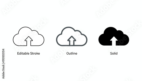 Three cloud upload icons in different styles on white background.