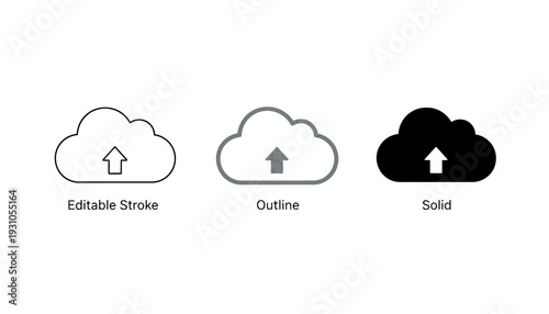 Three cloud icons with upload arrows in different styles.