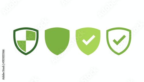 Set of green shield icons with different designs and checkmarks.