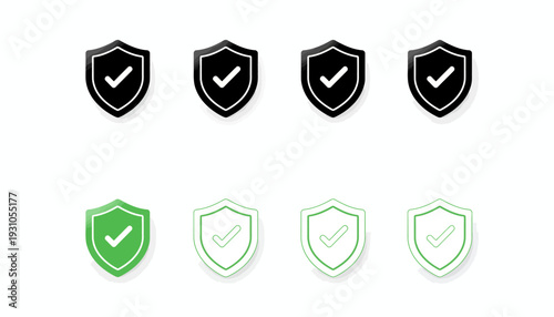 Set of shield icons with checkmark in various styles and colors.