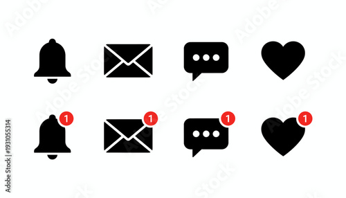 Set of notification icons with red badges and unread messages.
