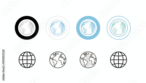 Set of various globe icons in different styles and colors.