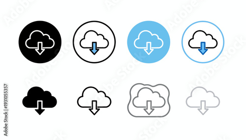 Cloud download icons set in various styles and colors.