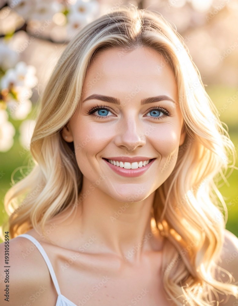 Fototapeta premium Hübsche blonde Frau im Frühling – lachendes Portrait