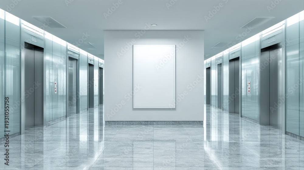 Fototapeta premium Modern Office Lobby with Elevators and Blank Frame for Artwork, Interior Design Mockup, Commercial Space