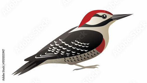 A colorful illustration depicts a male downy woodpecker perched sideways