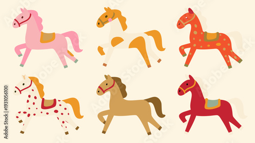 Stylized illustrations of colorful horses in various poses and patterns