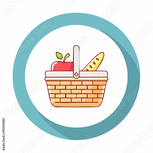 Picnic Basket Icon with Apple and Bread, Flat Design with Shadow