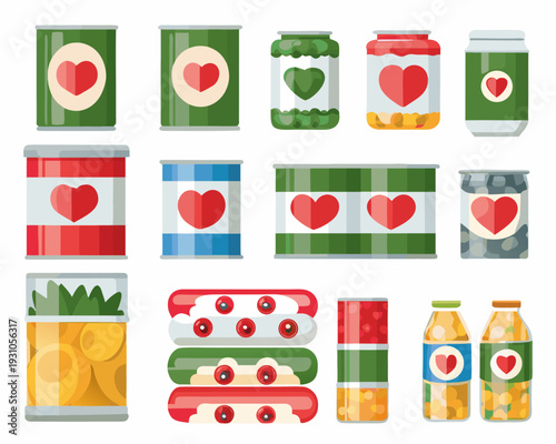 Colorful assortment of canned goods and preserves in a flat lay style