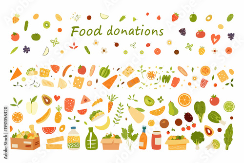 Colorful illustration depicting a variety of fresh fruits vegetables and food items