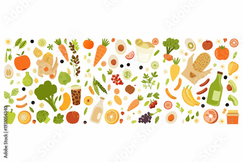 A colorful assortment of healthy fruits vegetables and beverages