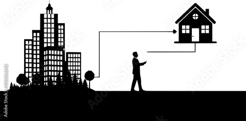 Silhouette businessman connecting office building to home remote work illustration vector
