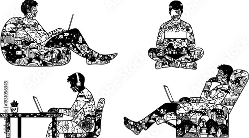 Silhouette illustration of people working on laptops in different sitting positions, remote work and study concept, black and white vector drawing art
