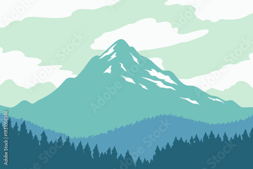 Stylized mountain landscape with forest and cloudy blue sky