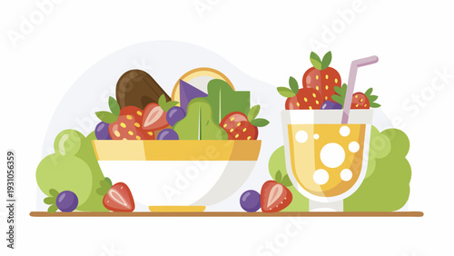 Fresh fruit basket and a refreshing beverage in a colorful illustration