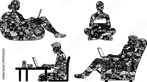 Silhouette illustration of people working on laptops in different sitting positions, remote work and study concept, black and white vector drawing art
