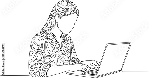 Woman working on a laptop in one line art style. Drawing of a faceless person using a computer with editable black stroke on a white background. Vector illustration.