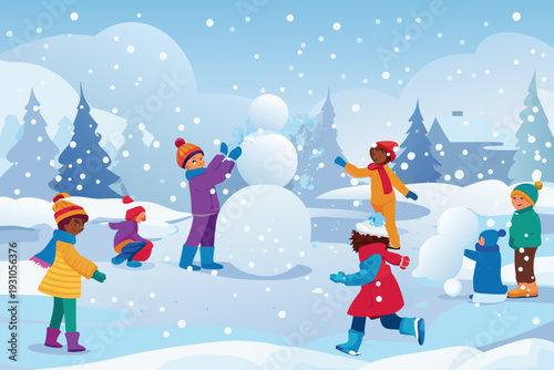 Children joyfully building and playing with snowballs in a winter landscape