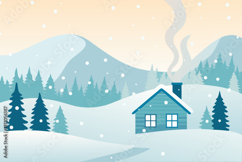 A cozy blue cabin sits nestled in a serene winter landscape