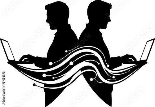 People working on laptop silhouettes at desk, remote work online education office workspace productivity vector illustration isolated collection set
