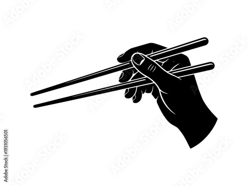 Black and white silhouette of a hand correctly holding a pair of chopsticks, ideal for Asian cuisine branding, restaurant menus, and food-related designs.