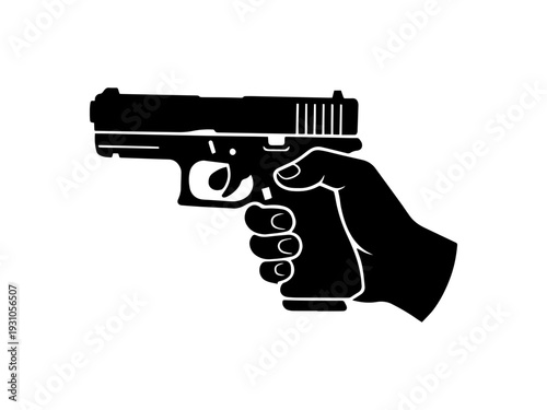 Minimalist black silhouette of a hand gripping a semi-automatic pistol. Suitable for security, crime, self-defense, and law enforcement concepts.