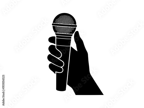 A black and white vector silhouette of a hand gripping a dynamic microphone, ideal for music, speech, broadcasting, and podcasting themes.