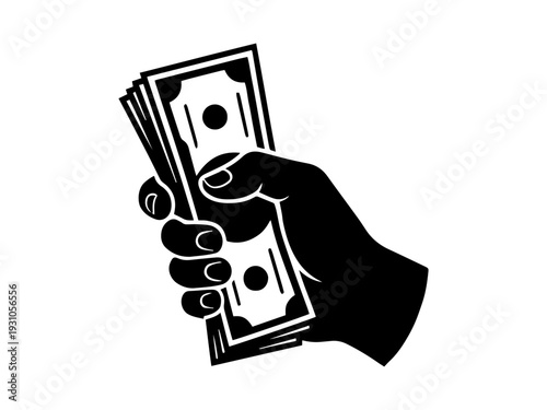 A vector illustration of a human hand firmly clutching a stack of paper currency, representing themes of wealth, payment, finance, and financial transactions.